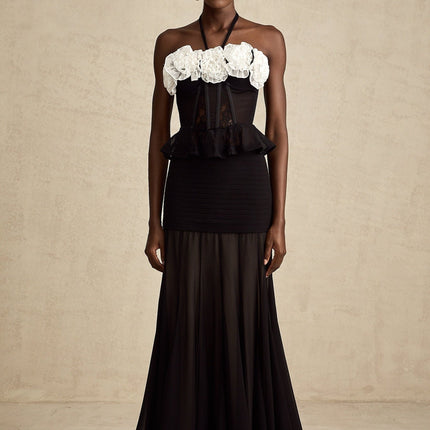 Olga Black Lace Corset Top with Faux-Flower Design and Ruffled Hem in Polyamide and Acrylic Blend