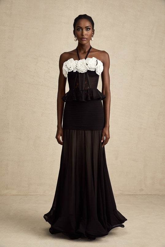 Olga Black Lace Corset Top with Faux-Flower Design and Ruffled Hem in Polyamide and Acrylic Blend