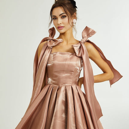 Olga Brown Bow Detail Flare Mini Dress