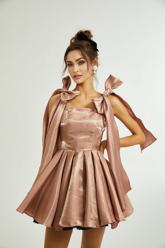 Olga Brown Bow Detail Flare Mini Dress