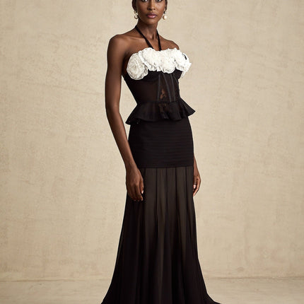 Olga Black Lace Corset Top Halterneck Bustier Ruffled Hem Faux-Flower Design
