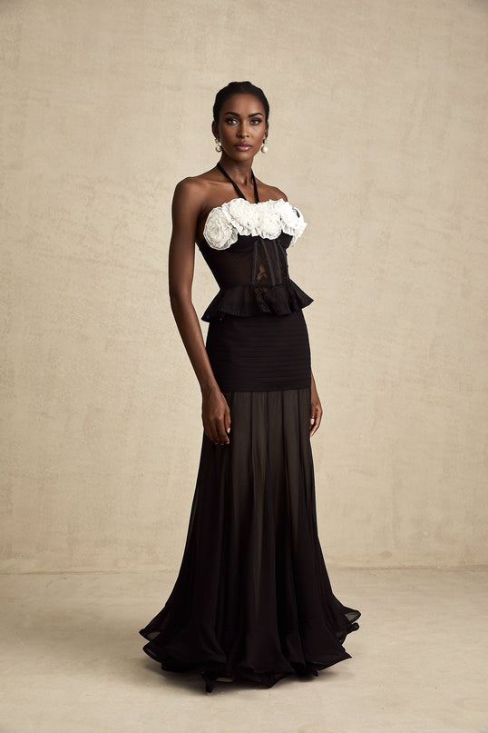 Olga Black Lace Corset Top Halterneck Bustier Ruffled Hem Faux-Flower Design