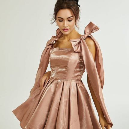 Olga Dress Bow Detail Flare Mini Brown