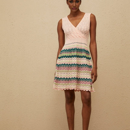 Olga Mini Dress Pink Multicolor Crochet Knit V-neck Sleeveless Cinched Waist Wide Straps Scalloped Hem