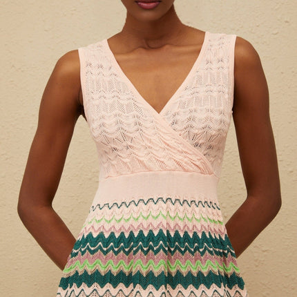 Olga Pink Crochet Knit Wave Pattern Mini Dress in Pink/Multicolor