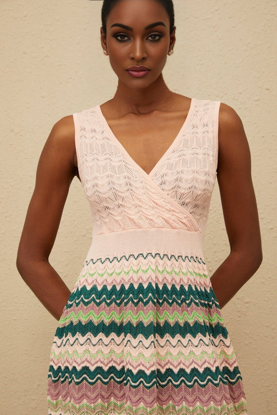 Olga Pink Crochet Knit Wave Pattern Mini Dress in Pink/Multicolor
