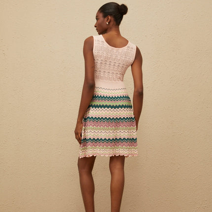 Olga Pink Crochet Wave Pattern Mini Dress