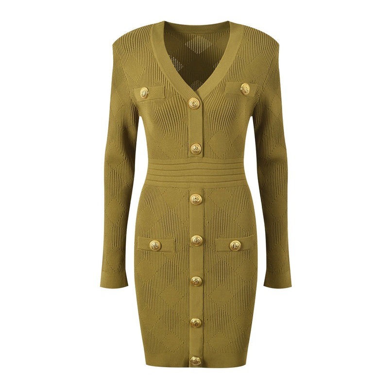 Olive Green Knitted Bodycon Dress with Gold Button Embellishments