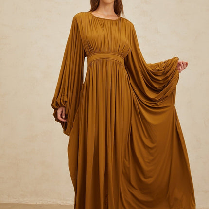 Olive Green Long Puff Sleeve Maxi Dress with Cinched Waist and Pleated Detailing