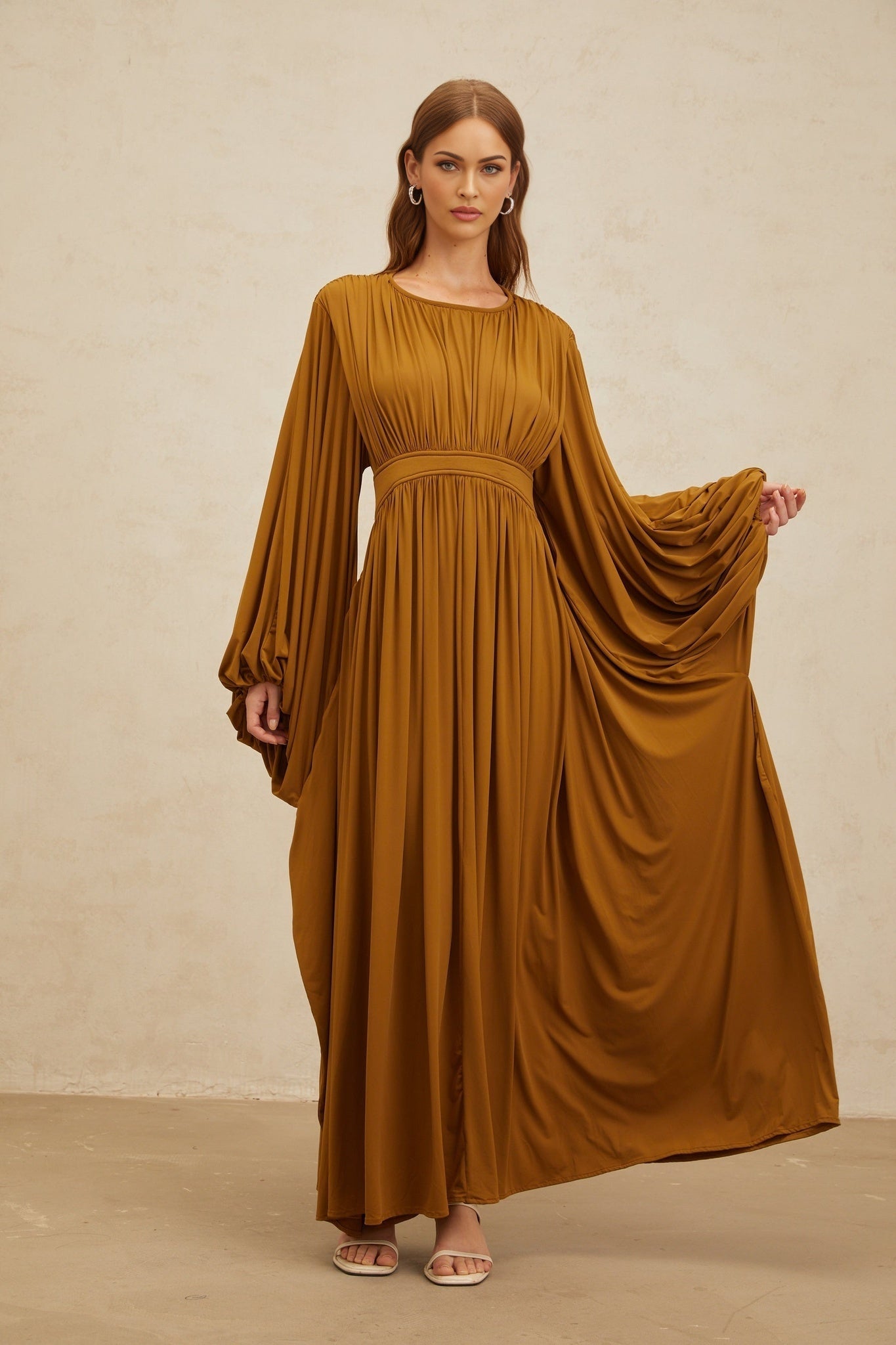 Olive Green Long Puff Sleeve Maxi Dress with Cinched Waist and Pleated Detailing