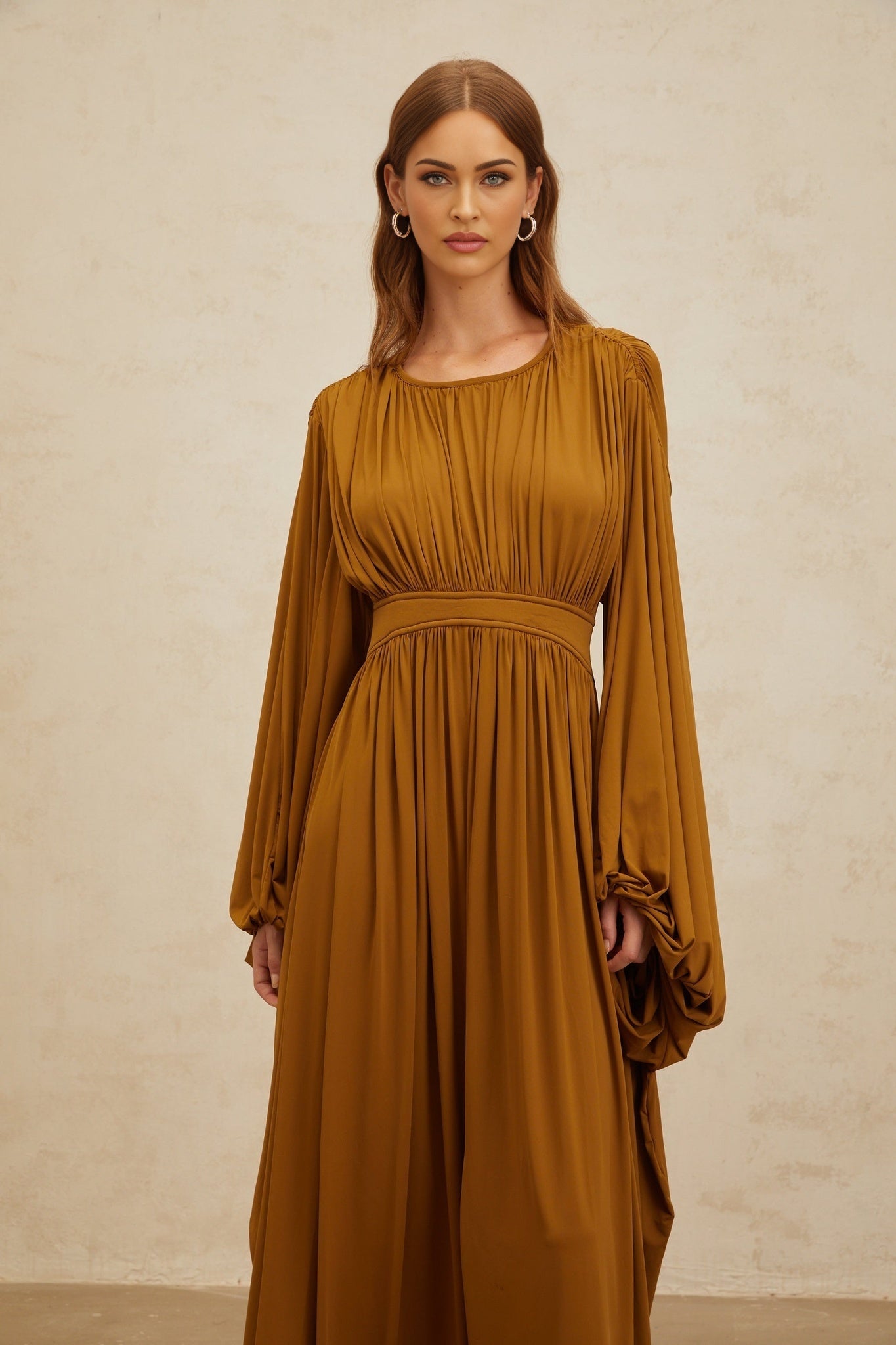 Olive Green Long Sleeve Maxi Dress with Cinched Waist and Pleated Detailing