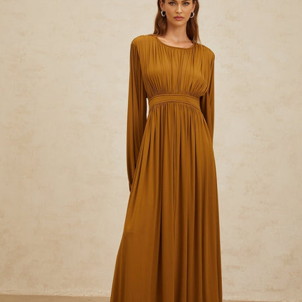 Olive Green Maxi Dress with Long Puff Sleeves and Cinched Waist