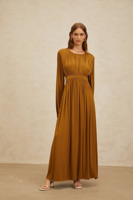 Olive Green Maxi Dress with Long Puff Sleeves and Cinched Waist