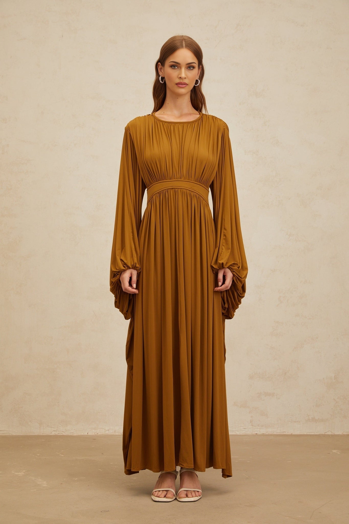 Olive Green Maxi Dress with Long Puff Sleeves and Cinched Waist
