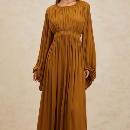 Olive Green Maxi Dress with Long Puff Sleeves and Cinched Waist