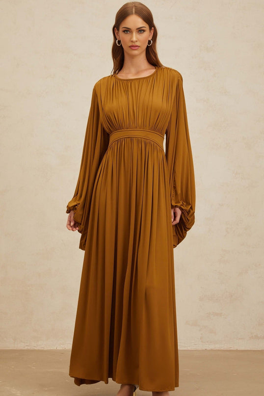 Olive Green Maxi Dress with Long Puff Sleeves and Cinched Waist