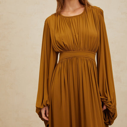 Olive Green Maxi Dress with Long Puff Sleeves and Cinched Waist
