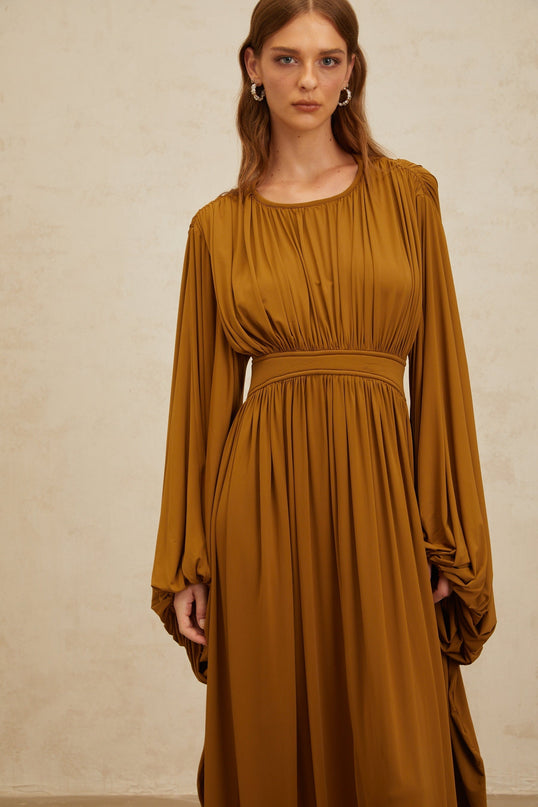 Olive Green Maxi Dress with Long Puff Sleeves and Cinched Waist