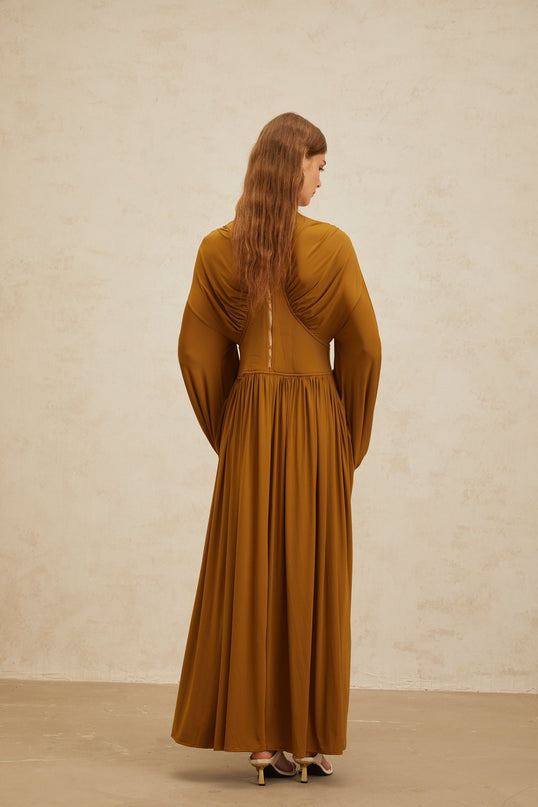 Olive Green Maxi Dress with Long Puff Sleeves and Cinched Waist