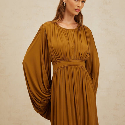 Olive Green Maxi Dress with Long Puff Sleeves and Cinched Waist