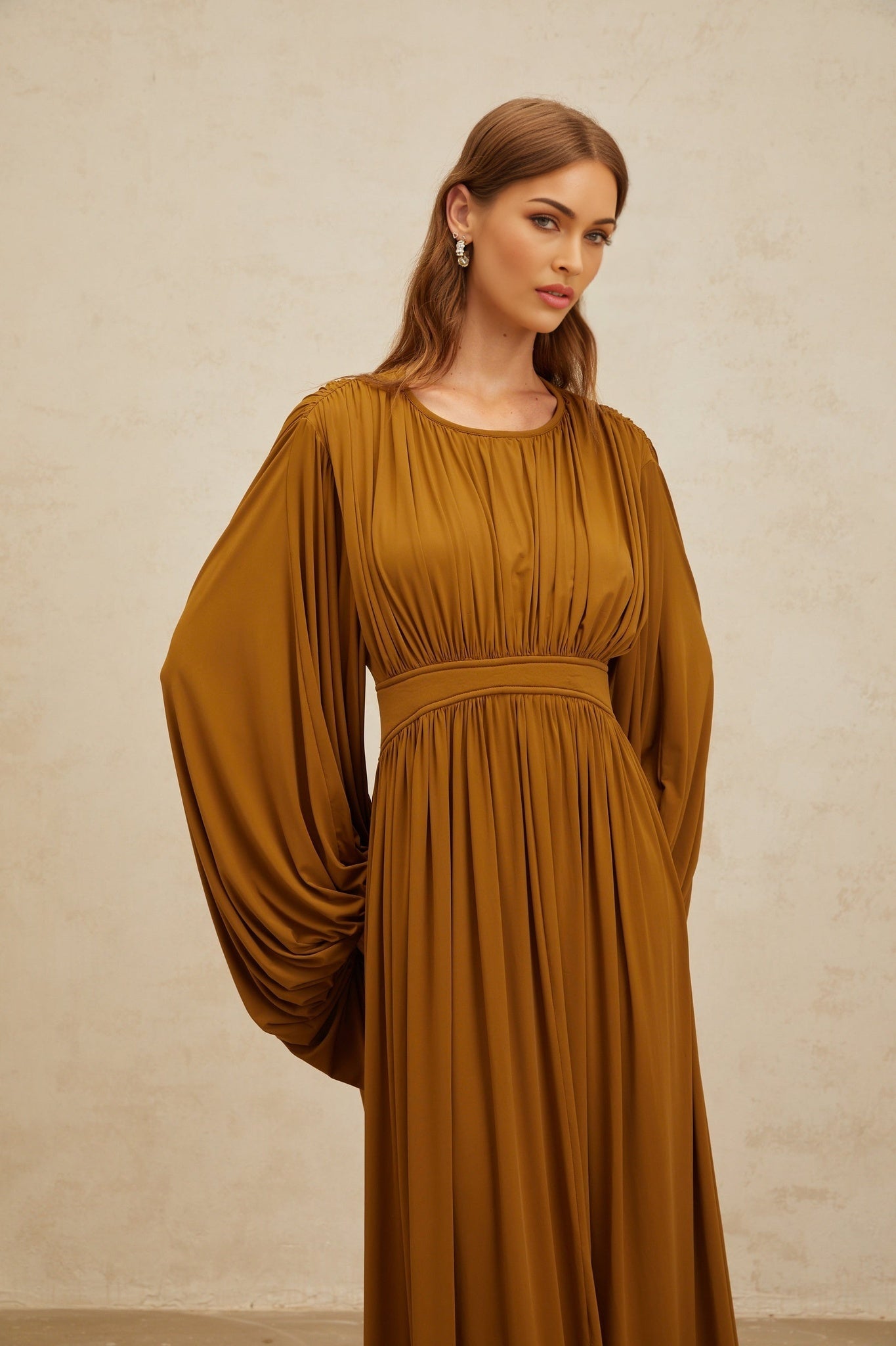 Olive Green Maxi Dress with Long Puff Sleeves and Cinched Waist