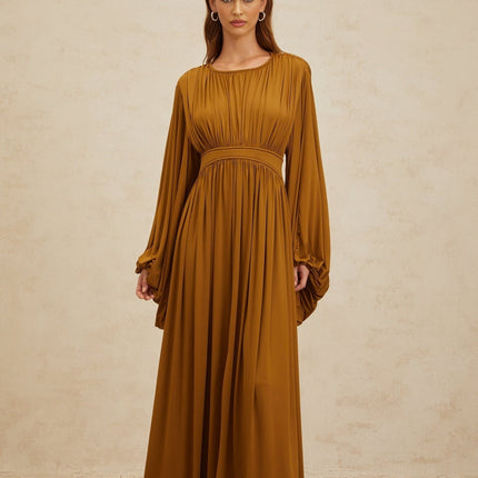 Olive Green Maxi Dress with Long Puff Sleeves and Cinched Waist