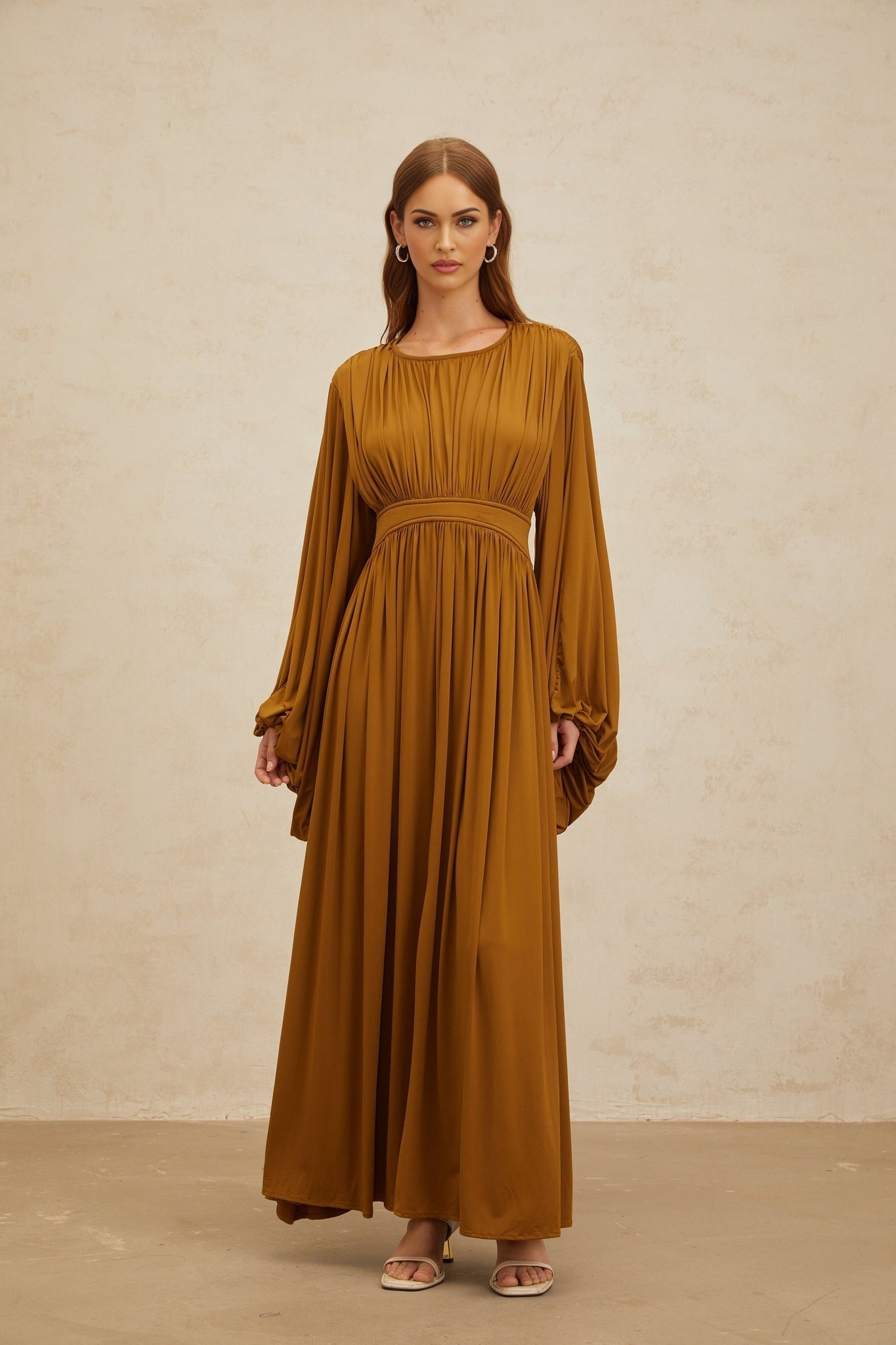 Olive Green Maxi Dress with Long Puff Sleeves and Cinched Waist