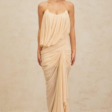 Olivia Maxi Dress in Neutrals Off-Shoulder Ruched Sleeveless U-Neck Ribbon Detail