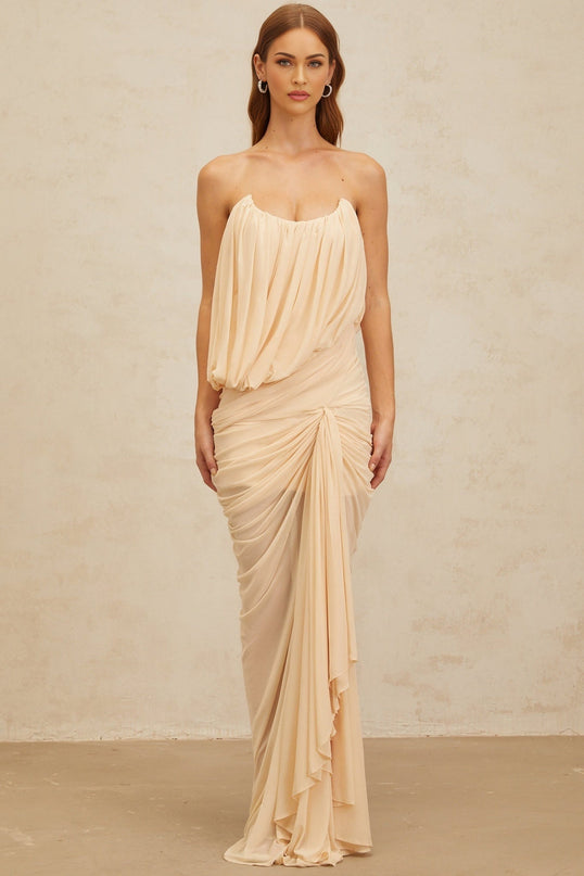 Olivia Maxi Dress in Neutrals Off-Shoulder Ruched Sleeveless U-Neck Ribbon Detail