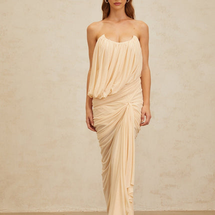 Olivia Maxi Dress in Neutrals Ruched Off-Shoulder Sleeveless U-Neck Ribbon Detailing Draped Special Occasion Elegant 100% Terylene Fiber Composition
