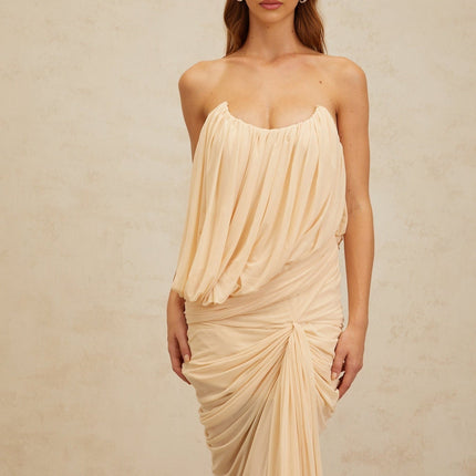 Olivia Maxi Dress Neutrals Sleeveless Off-Shoulder Ruched Ribbon U-Neck Rear Zip Special Occasions Terylene Fiber