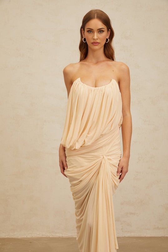 Olivia Maxi Dress Neutrals Sleeveless Off-Shoulder Ruched Ribbon U-Neck Rear Zip Special Occasions Terylene Fiber