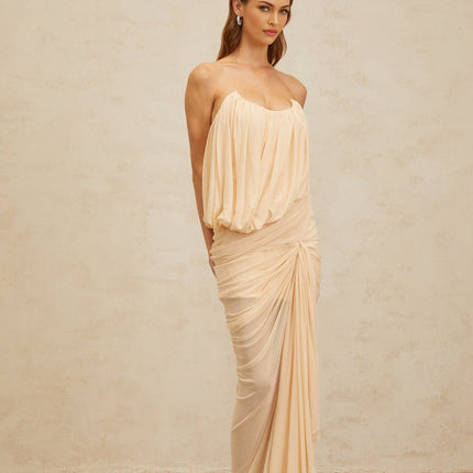Olivia Maxi Dress in Neutrals Sleeveless Off-Shoulder Ruched Detailing Ribbon Design U-Neck Rear Zip Fastening Special Occasions Maxi Length 100% Terylene Fiber Composition