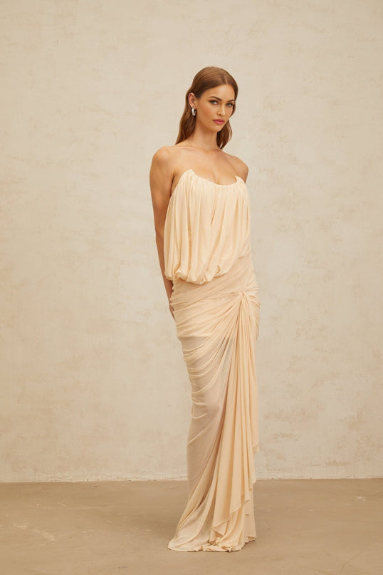 Olivia Maxi Dress in Neutrals Sleeveless Off-Shoulder Ruched Detailing Ribbon Design U-Neck Rear Zip Fastening Special Occasions Maxi Length 100% Terylene Fiber Composition
