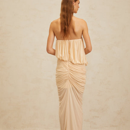 Olivia Maxi Dress in Neutrals Sleeveless Off-the-Shoulder Ruched Ribbon U-Neck Rear Zip Fastening Special Occasions 100% Terylene Fiber Composition