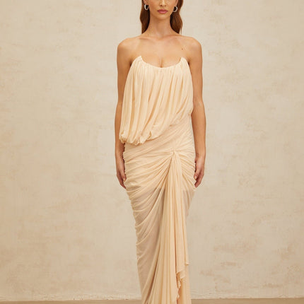 Olivia Maxi Dress Neutrals Sleeveless Off-Shoulder Ruched Ribbon U-Neck Rear Zip Special Occasions 100% Terylene Fiber
