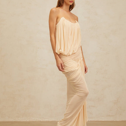 Olivia Maxi Dress Neutrals Sleeveless Off-Shoulder Ruched Detailing Draped Ribbon U-Neck Rear Zip Special Occasions Luxury 100% Terylene Fiber