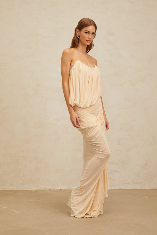 Olivia Maxi Dress Neutrals Sleeveless Off-Shoulder Ruched Detailing Draped Ribbon U-Neck Rear Zip Special Occasions Luxury 100% Terylene Fiber