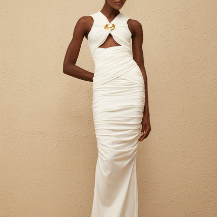 Olivia Maxi Dress in White V-neck sleeveless corset style ruched cut-out detailing gold-tone pin embellishments straight hem rear zip fastening timeless masterpiece formal event special occasion luxurious ensemble