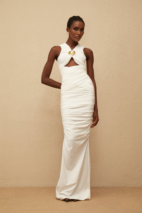 Olivia Maxi Dress in White V-neck sleeveless corset style ruched cut-out detailing gold-tone pin embellishments straight hem rear zip fastening timeless masterpiece formal event special occasion luxurious ensemble