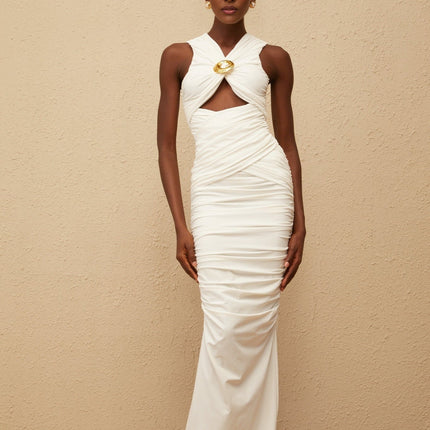 Olivia Maxi Dress in White V-neck sleeveless corset style ruched cut-out detailing gold-tone pin embellishments straight hem rear zip fastening elegant sophisticated Terylene fiber formal special occasion luxurious ensemble