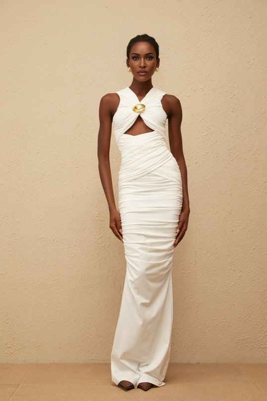 Olivia Maxi Dress in White V-neck sleeveless corset style ruched cut-out detailing gold-tone pin embellishments straight hem rear zip fastening elegant sophisticated Terylene fiber formal special occasion luxurious ensemble