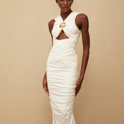 Olivia Maxi Dress in White V-neck Sleeveless Corset Style Ruched Cut-out Gold-tone Pin Embellishments Straight Hem Rear Zip Fastening Maxi Length Dress