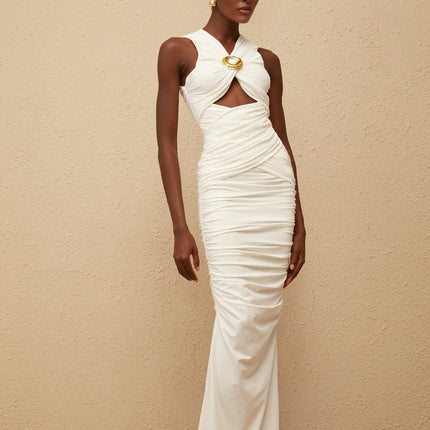 Olivia Maxi Dress in White V-neck sleeveless corset style ruched cut-out detailing gold-tone pin embellishments straight hem rear zip fastening timeless masterpiece grace charm formal special occasion luxurious ensemble