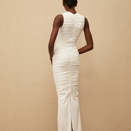 Olivia Maxi Dress in White V-neck Sleeveless Corset Style Ruched Cut-out Gold-tone Pin Embellishments Straight Hem Rear Zip Fastening Maxi Length Dress