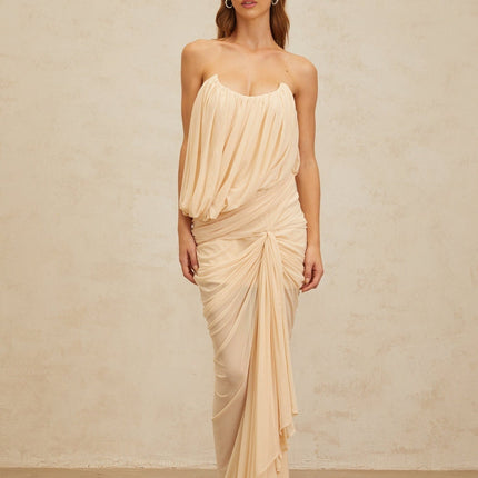Olivia Neutrals Maxi Dress with Off-the-Shoulder Silhouette and Ruched Detailing