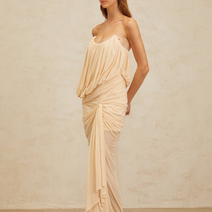 Olivia Neutrals Maxi Dress Sleeveless Off-Shoulder Ruched Detailing Ribbon Design U-Neck Rear Zip 100% Terylene Fiber Composition