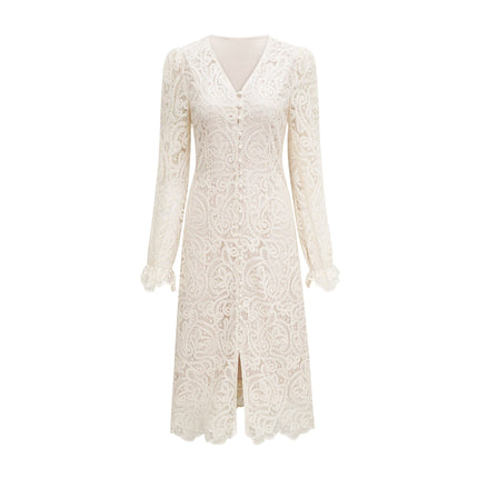 Olivia White Long Sleeved Dress with Pierced Effect and Embroidered Details
