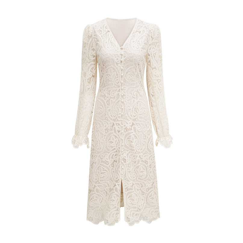 Olivia White Long Sleeved Dress with Pierced Effect and Embroidered Details