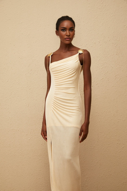 Ondine Shell Embellished Ruched Corset Maxi Dress